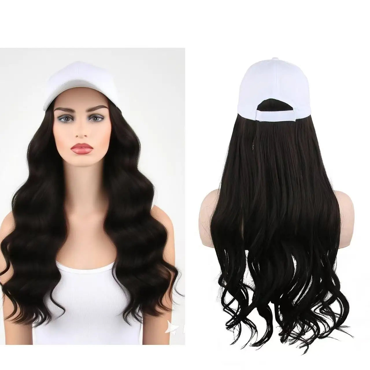 Black Wig with White Baseball Cap Combo