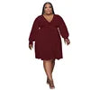 Autumn Plus Size Women Clothes Long Puff Sleeve V Neck Solid Color Casual Dresses Loose Knitted Plus Size Women Dresses