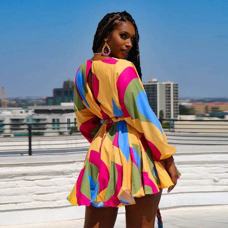 Women Long Sleeve Dresses Summer Casual Printed Fashion Mini Dresses Lace up Plus Size Women Clothing Dresses