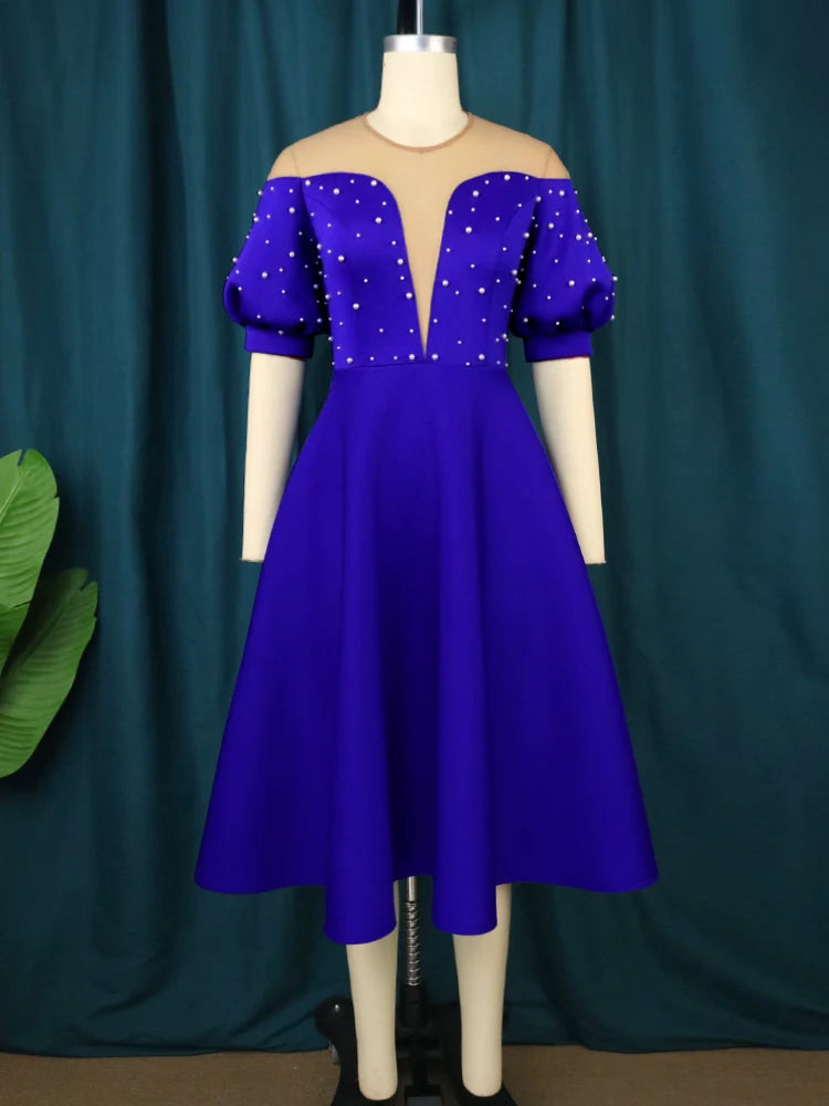 AM220954 Short Sleeves Mesh Blue Sexy Beaded Patchwork Plus Size Women Dresses