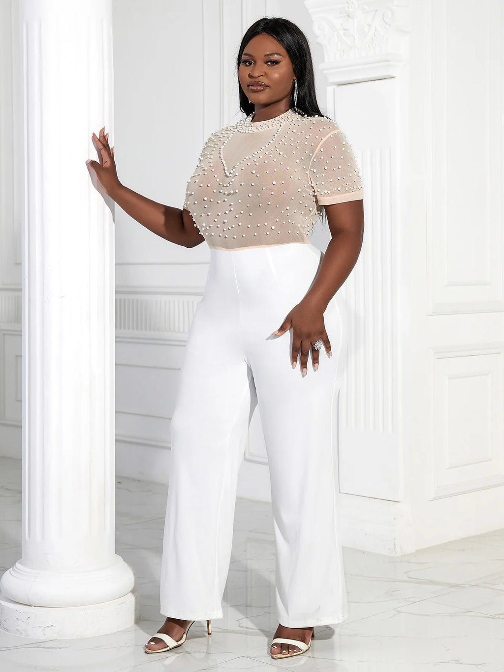 White Summer See Through Bead Patchwork Plus Size Women Jumpsuits