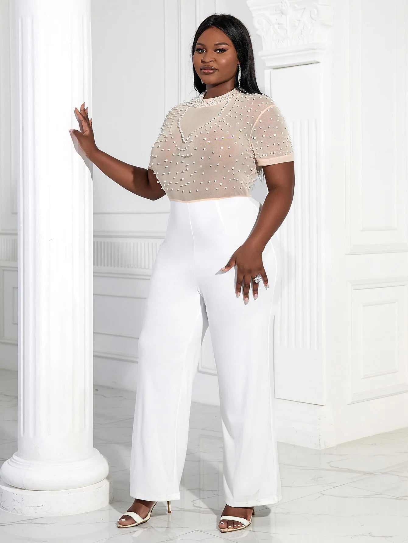 White Summer See Through Bead Patchwork Plus Size Women Jumpsuits