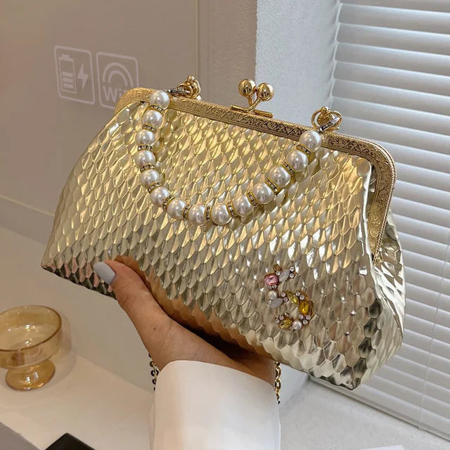 Luxury Women French Minority Shoulder Bags - Gold Crossbody Bags, Fashionable Pearl Chain,  and Elegant Evening Clutch