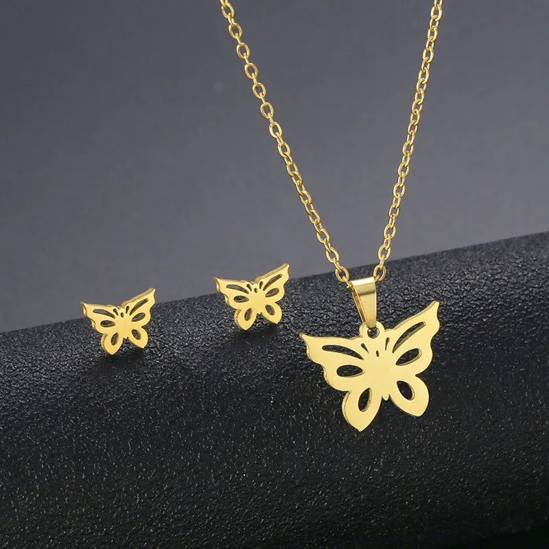 Cheap Stainless Steel Necklace Earring Set Women Moon Smile-y Face Butterfly Pendants
