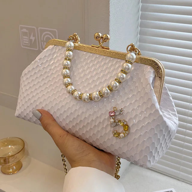 Luxury Women French Minority Shoulder Bags - Gold Crossbody Bags, Fashionable Pearl Chain,  and Elegant Evening Clutch