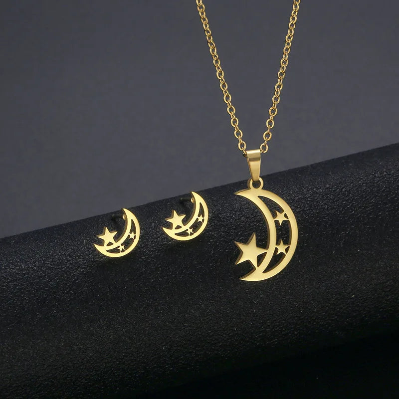 Cheap Stainless Steel Necklace Earring Set Women Moon Smile-y Face Butterfly Pendants