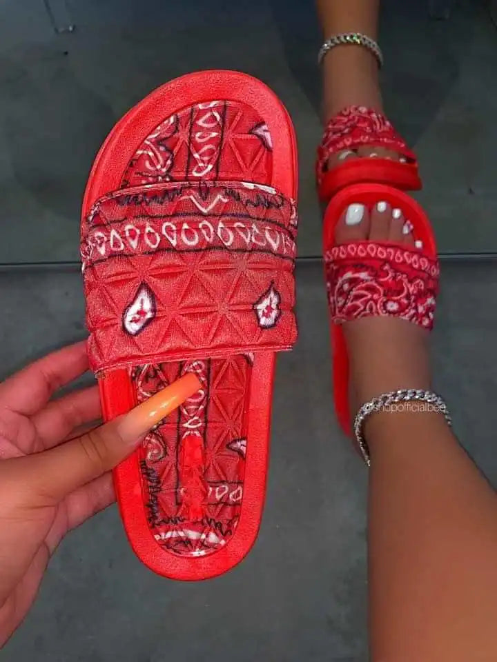 Ladies Beach slippers Red Bandana Slides