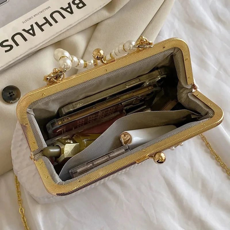 Luxury Women French Minority Shoulder Bags - Gold Crossbody Bags, Fashionable Pearl Chain,  and Elegant Evening Clutch