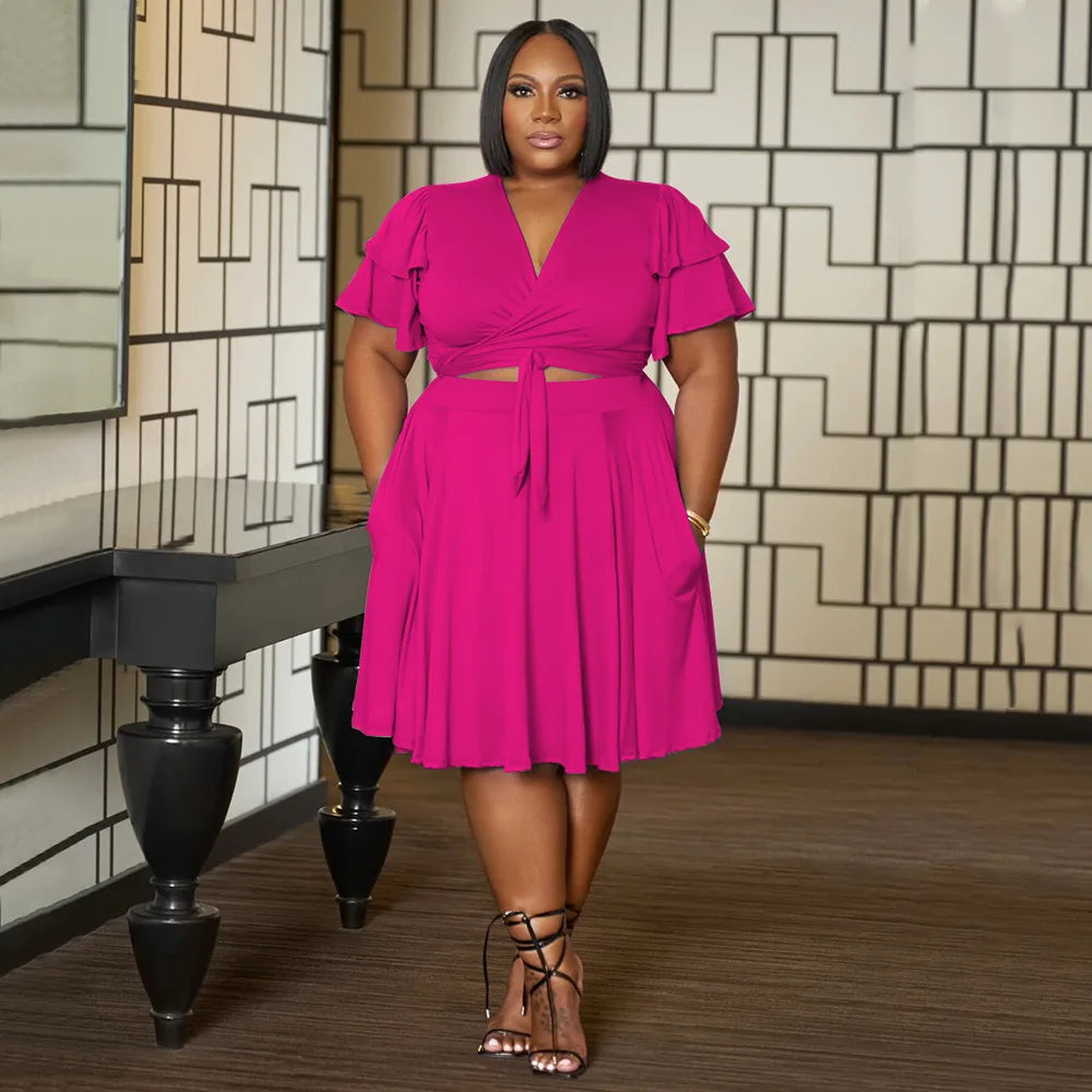 Best-Selling Plus Size Women's Clothing Ruffle Sleeve Lace up V-Neck Top and  Short Skirt Set 2 Piece Outfits for Women