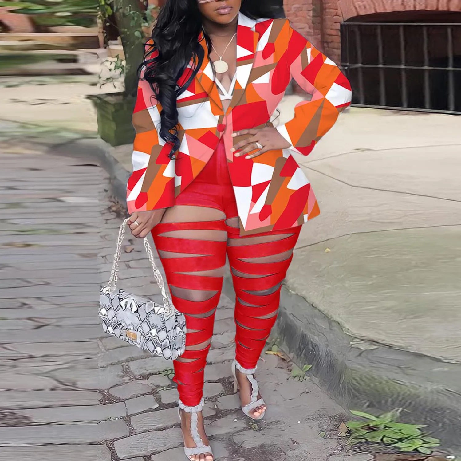 BH915 Plus Size Women Summer Spring Casual Two Piece Hollow Out Blazer Set