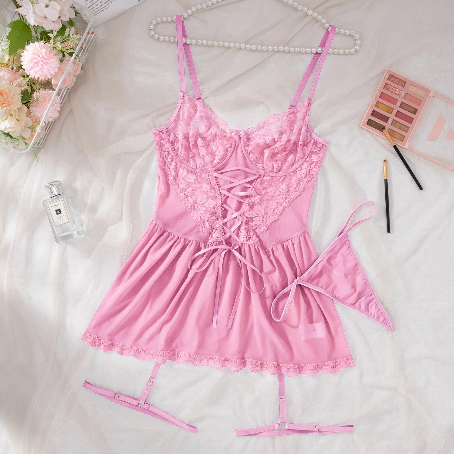 A Full Set Of Blue Plus Size Transparent Lingerie Suits Lace Bra Garter Belt Thong Sets Hot Women's Erotic Underwear Night Dress