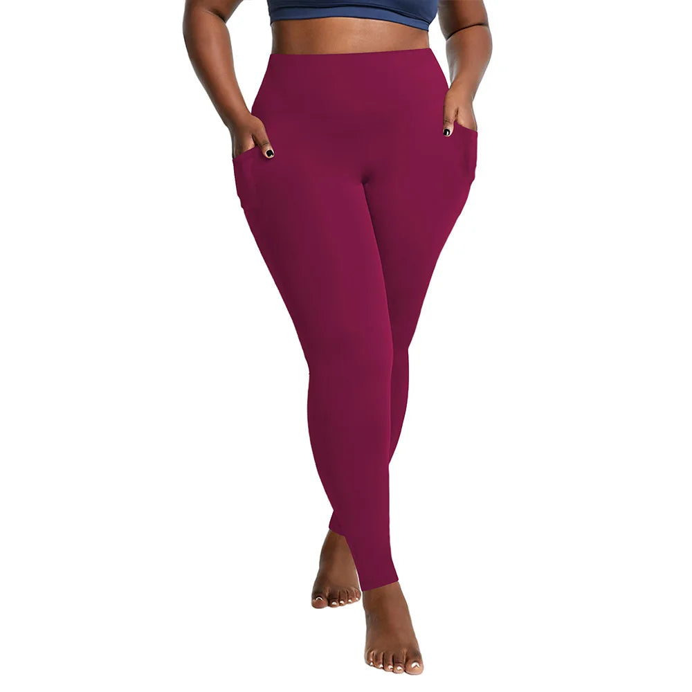 "Women's Plus Size High-Waisted Yoga Leggings with Pockets | Tummy Control Hip-Hugging Workout Solid Colors Tights for Gym