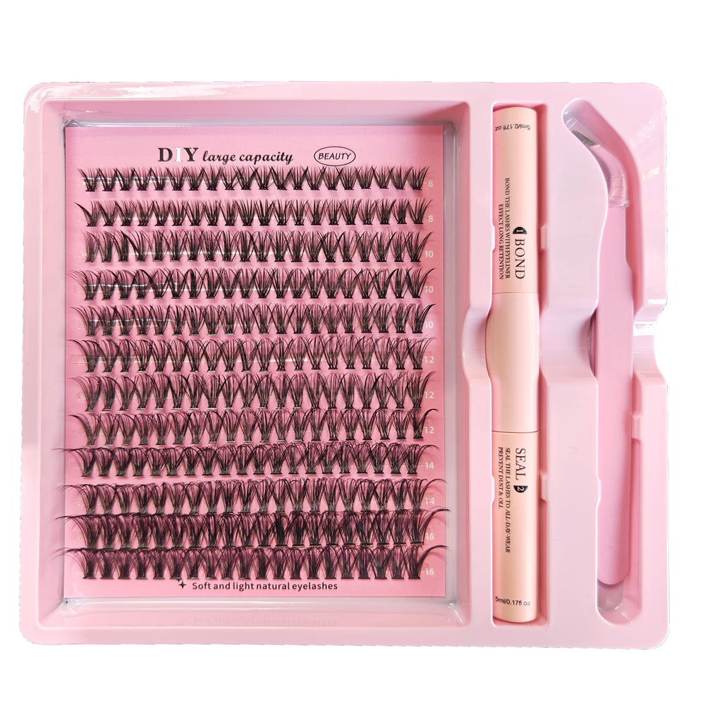 DIY Clusters Lash Kit Full Set 8-16mm Mix Bond&Seal Tweezers Lash for Self Application Makeup Individual Eyelash Extensions