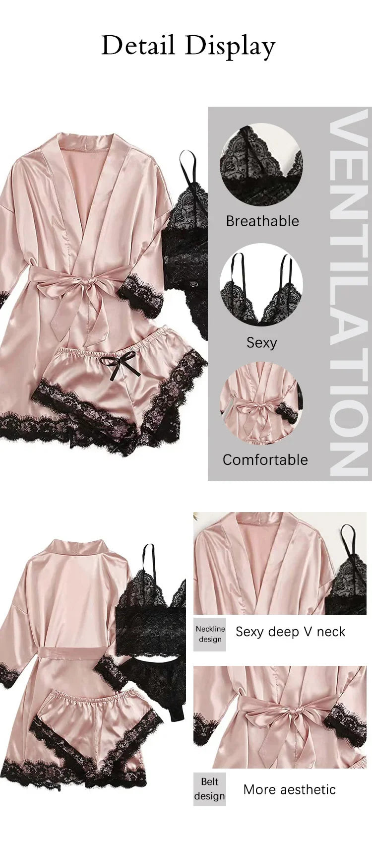 4 Pieces Woman Sleepwear Pajamas Ser With Robe Sexy Lace Lingerie Bathrobe Silk Satin Home Clothed Nightwear Robe