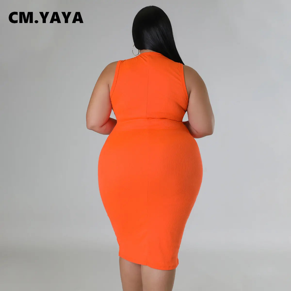 CM.YAYA Women Plus size Fashion Sleeveless Knit Ribbed Bodycon Midi Tank Dress High Street Vintage Party Evening Pencil Dresses