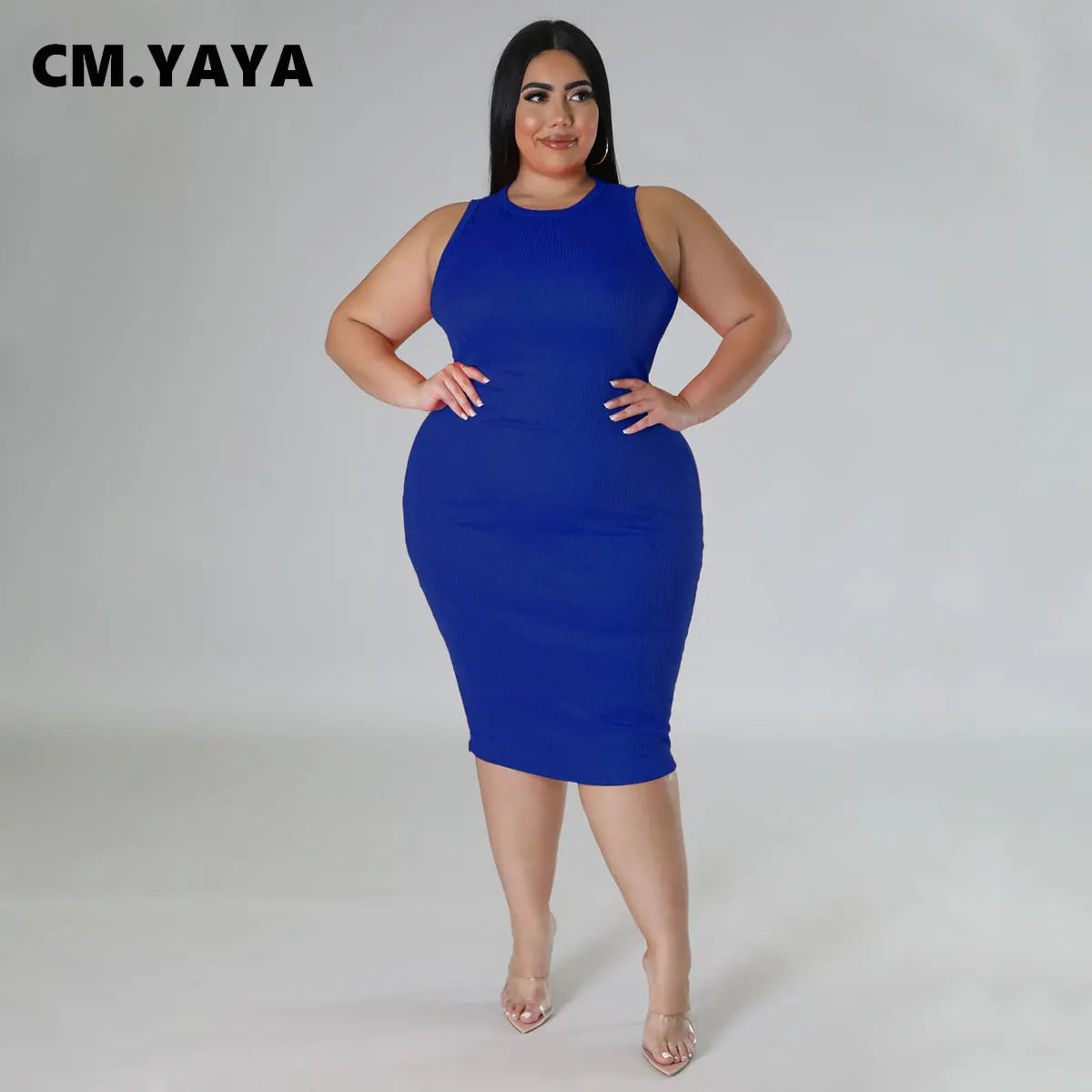 CM.YAYA Women Plus size Fashion Sleeveless Knit Ribbed Bodycon Midi Tank Dress High Street Vintage Party Evening Pencil Dresses
