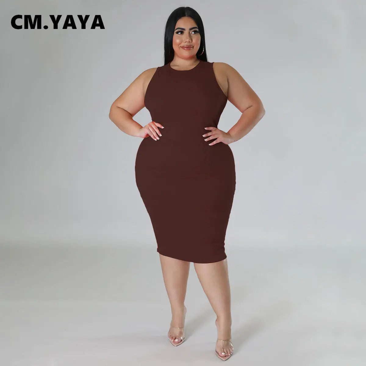 CM.YAYA Women Plus size Fashion Sleeveless Knit Ribbed Bodycon Midi Tank Dress High Street Vintage Party Evening Pencil Dresses