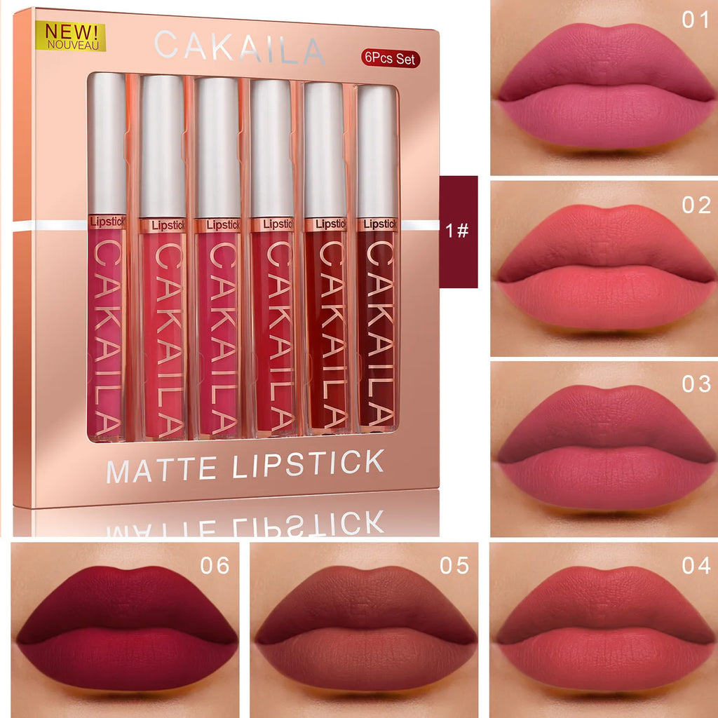 6-Color Lip Gloss Lipstick Set Liquid Matte Velvet Matte Women's Makeup Long-lasting Waterproof Non-stick Cup Non-fade