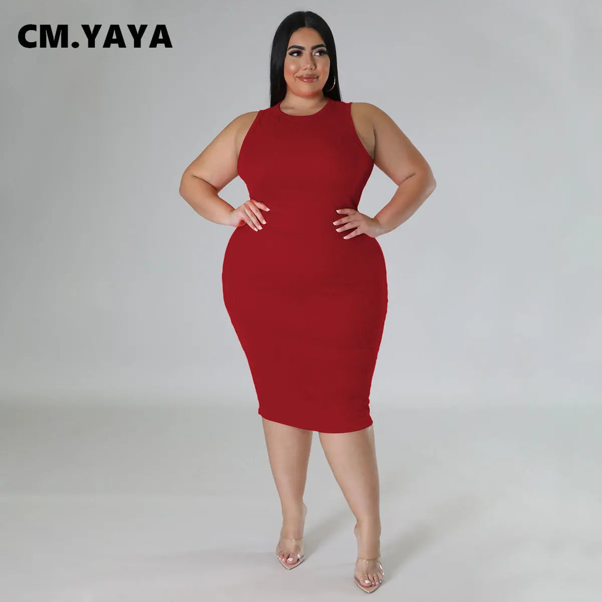 CM.YAYA Women Plus size Fashion Sleeveless Knit Ribbed Bodycon Midi Tank Dress High Street Vintage Party Evening Pencil Dresses