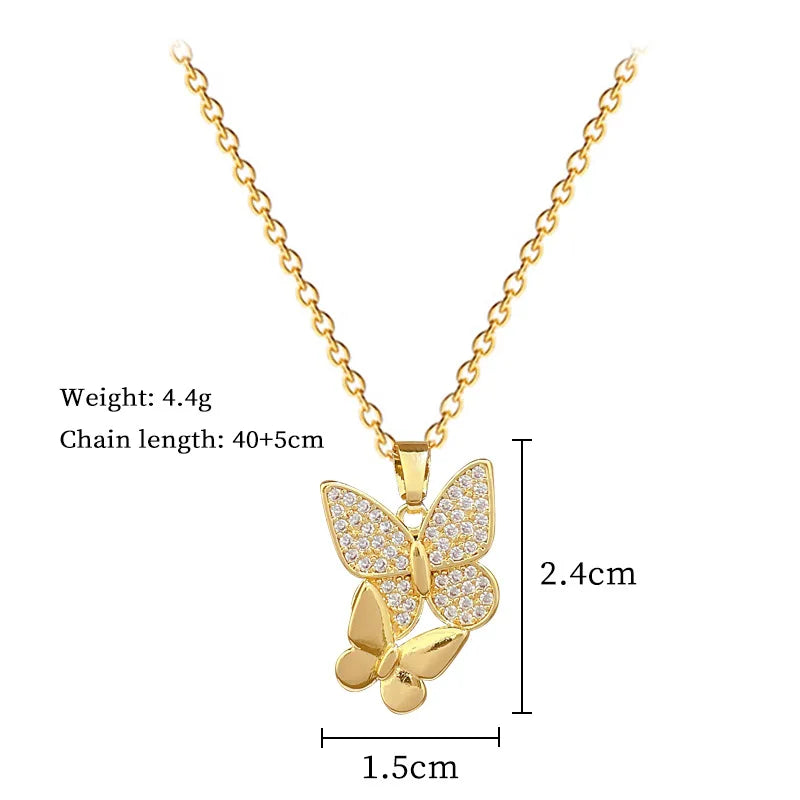 Gold Color Vintage Zircon Butterfly Pendant Necklace for Women Classic Elegant Stainless Steel Chain Jewelry Accessories Gifts