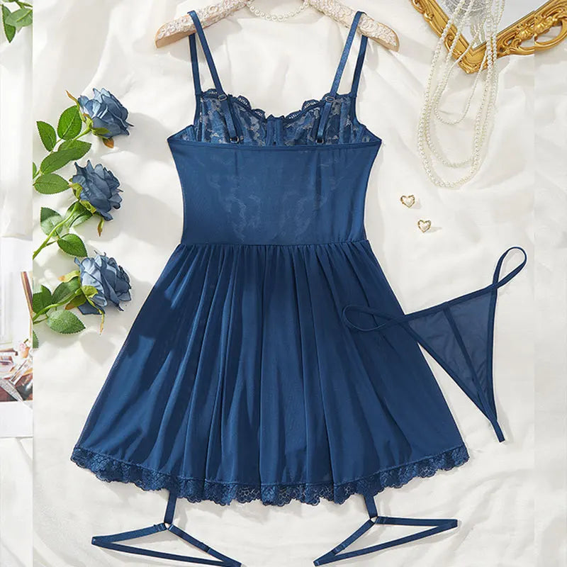 A Full Set Of Blue Plus Size Transparent Lingerie Suits Lace Bra Garter Belt Thong Sets Hot Women's Erotic Underwear Night Dress
