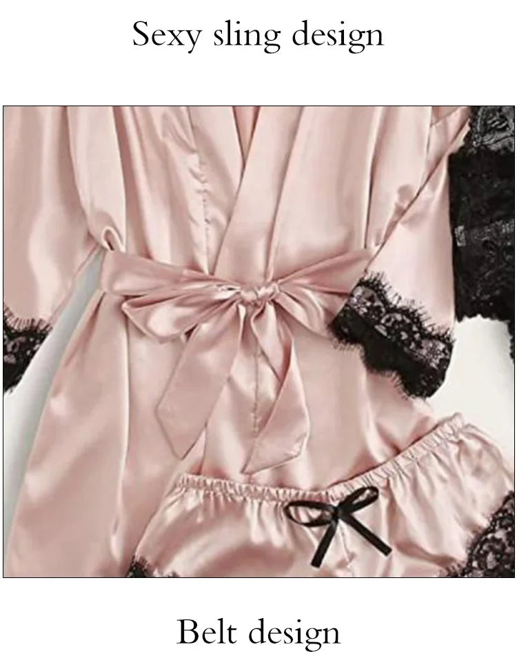 4 Pieces Woman Sleepwear Pajamas Ser With Robe Sexy Lace Lingerie Bathrobe Silk Satin Home Clothed Nightwear Robe