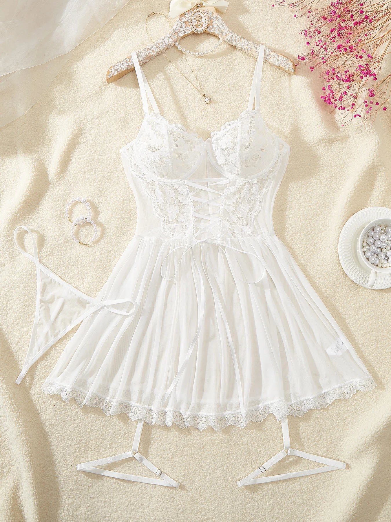 A Full Set Of Blue Plus Size Transparent Lingerie Suits Lace Bra Garter Belt Thong Sets Hot Women's Erotic Underwear Night Dress