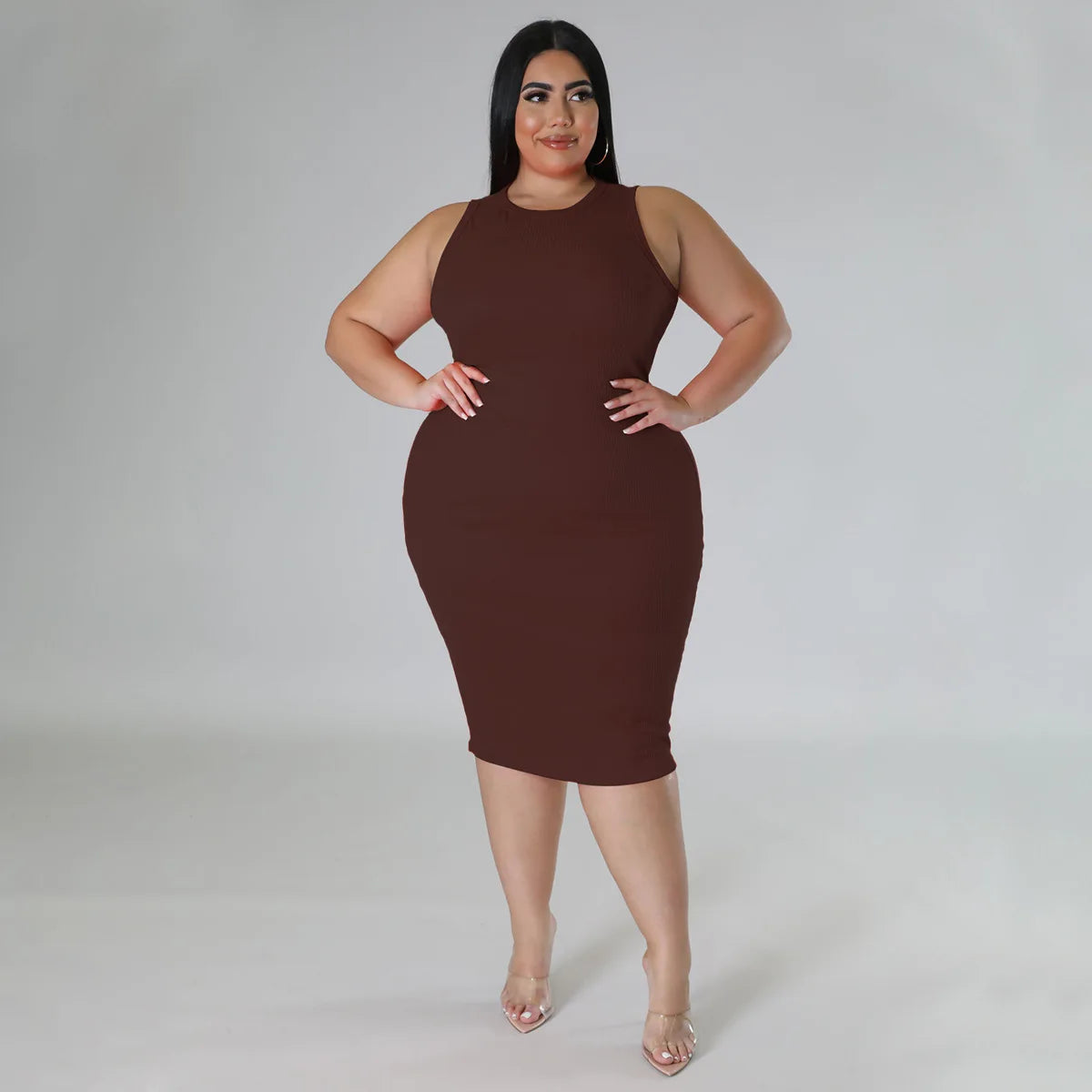 CM.YAYA Women Plus size Fashion Sleeveless Knit Ribbed Bodycon Midi Tank Dress High Street Vintage Party Evening Pencil Dresses