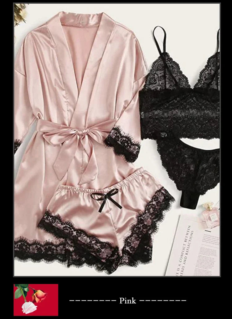 4 Pieces Woman Sleepwear Pajamas Ser With Robe Sexy Lace Lingerie Bathrobe Silk Satin Home Clothed Nightwear Robe