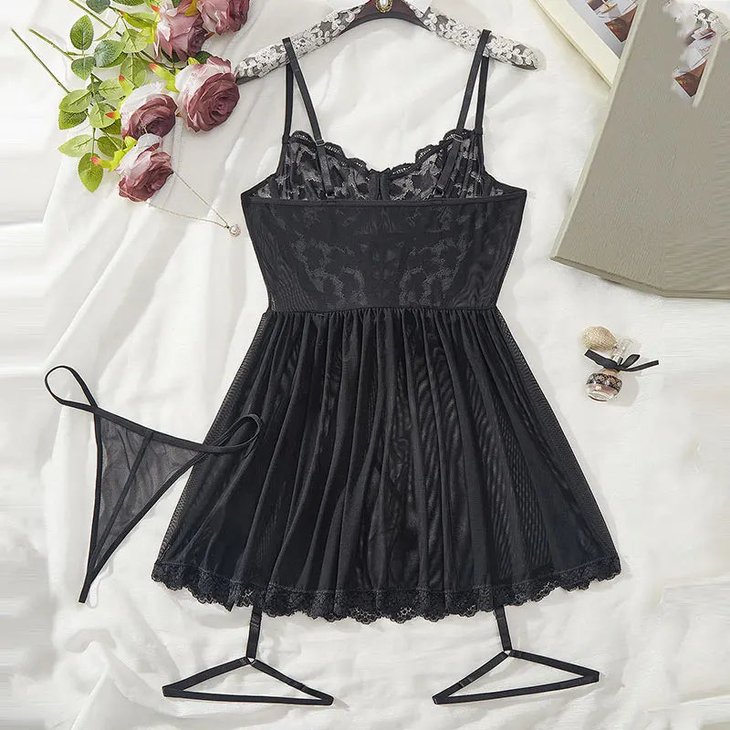 A Full Set Of Blue Plus Size Transparent Lingerie Suits Lace Bra Garter Belt Thong Sets Hot Women's Erotic Underwear Night Dress