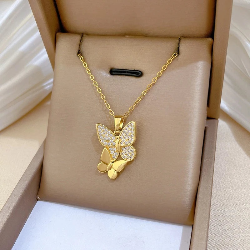 Gold Color Vintage Zircon Butterfly Pendant Necklace for Women Classic Elegant Stainless Steel Chain Jewelry Accessories Gifts