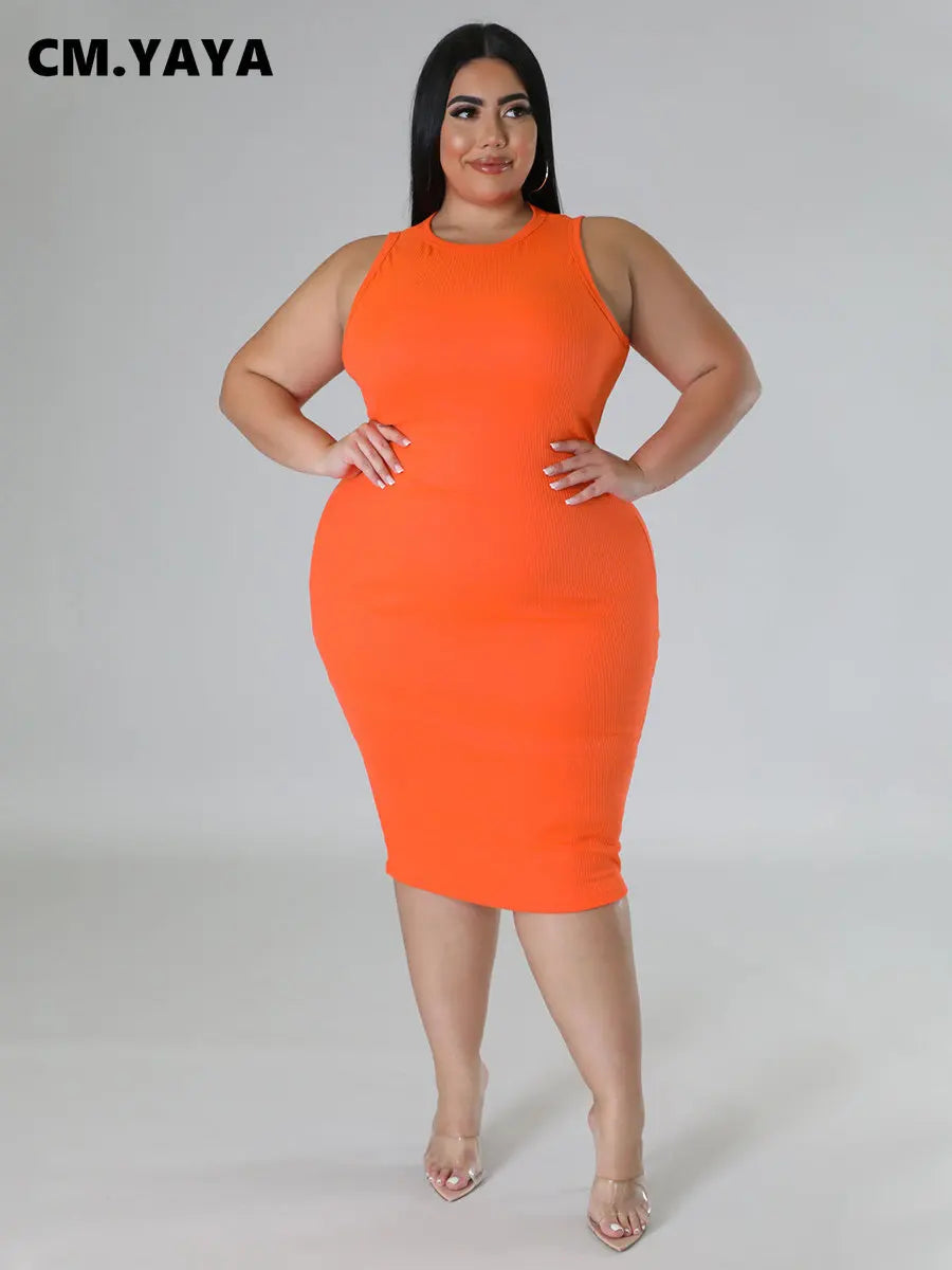 CM.YAYA Women Plus size Fashion Sleeveless Knit Ribbed Bodycon Midi Tank Dress High Street Vintage Party Evening Pencil Dresses