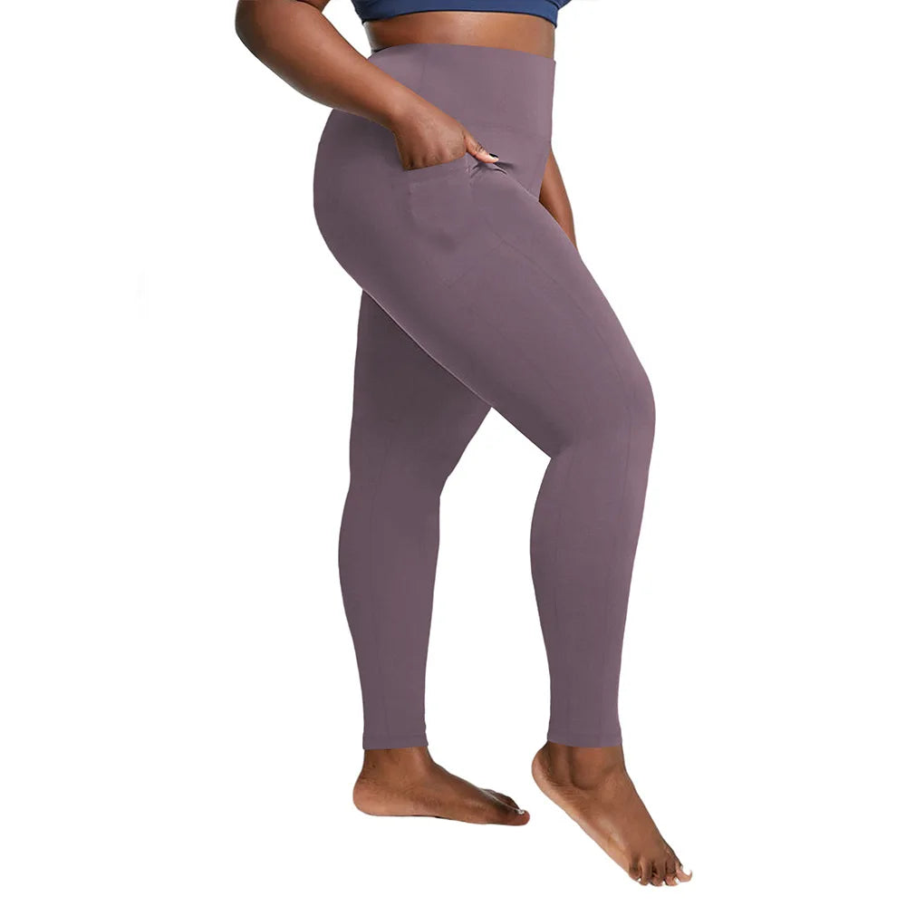"Women's Plus Size High-Waisted Yoga Leggings with Pockets | Tummy Control Hip-Hugging Workout Solid Colors Tights for Gym