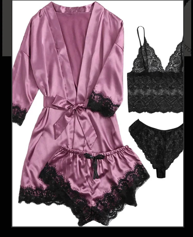 4 Pieces Woman Sleepwear Pajamas Ser With Robe Sexy Lace Lingerie Bathrobe Silk Satin Home Clothed Nightwear Robe