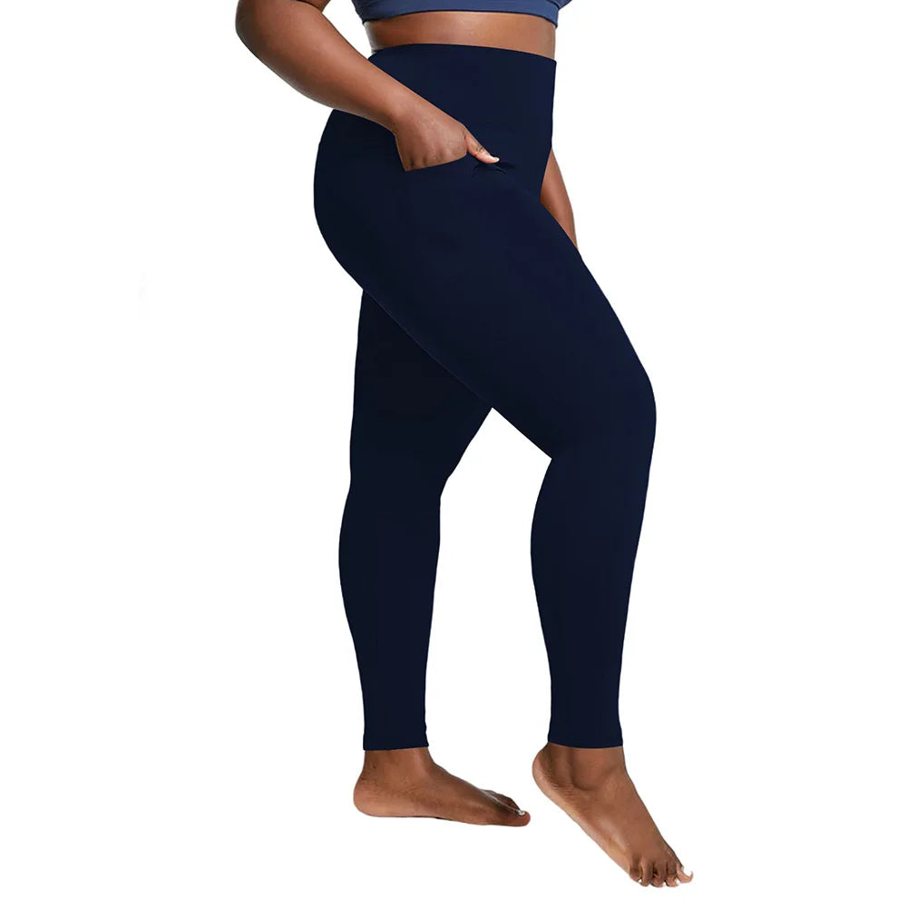 "Women's Plus Size High-Waisted Yoga Leggings with Pockets | Tummy Control Hip-Hugging Workout Solid Colors Tights for Gym