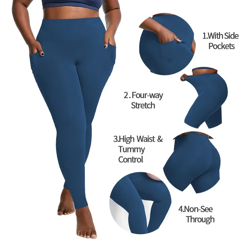 "Women's Plus Size High-Waisted Yoga Leggings with Pockets | Tummy Control Hip-Hugging Workout Solid Colors Tights for Gym