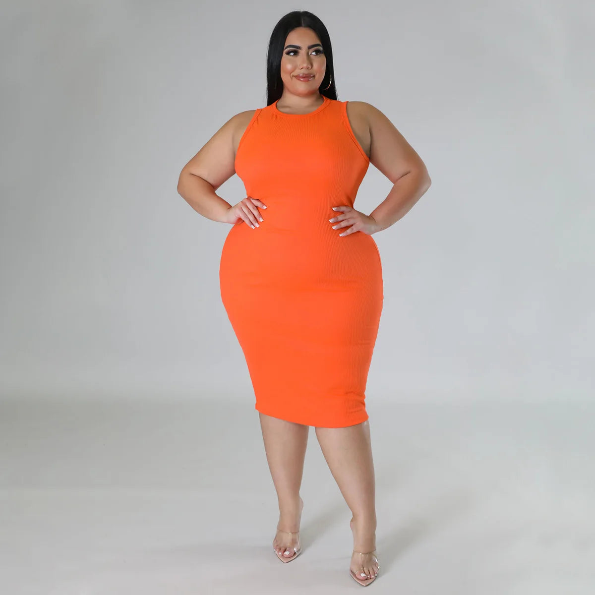 CM.YAYA Women Plus size Fashion Sleeveless Knit Ribbed Bodycon Midi Tank Dress High Street Vintage Party Evening Pencil Dresses