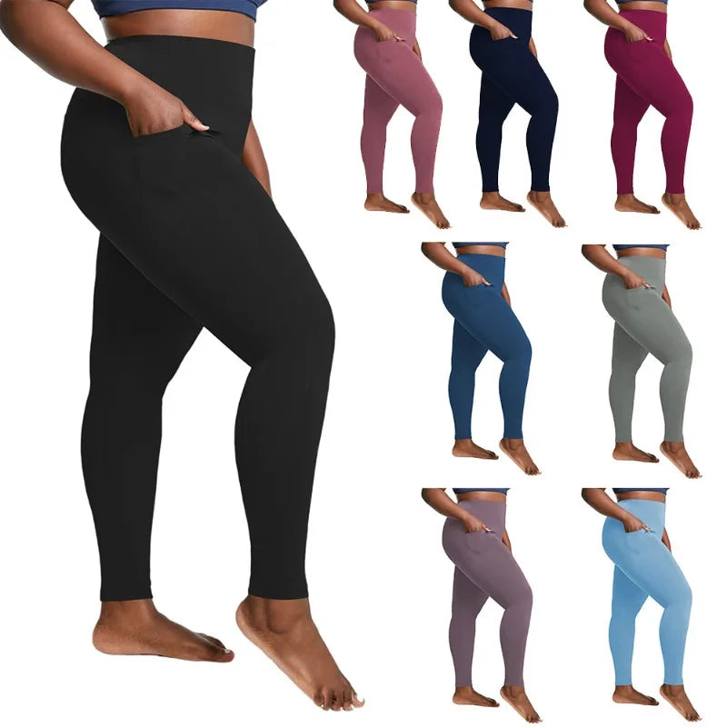 "Women's Plus Size High-Waisted Yoga Leggings with Pockets | Tummy Control Hip-Hugging Workout Solid Colors Tights for Gym