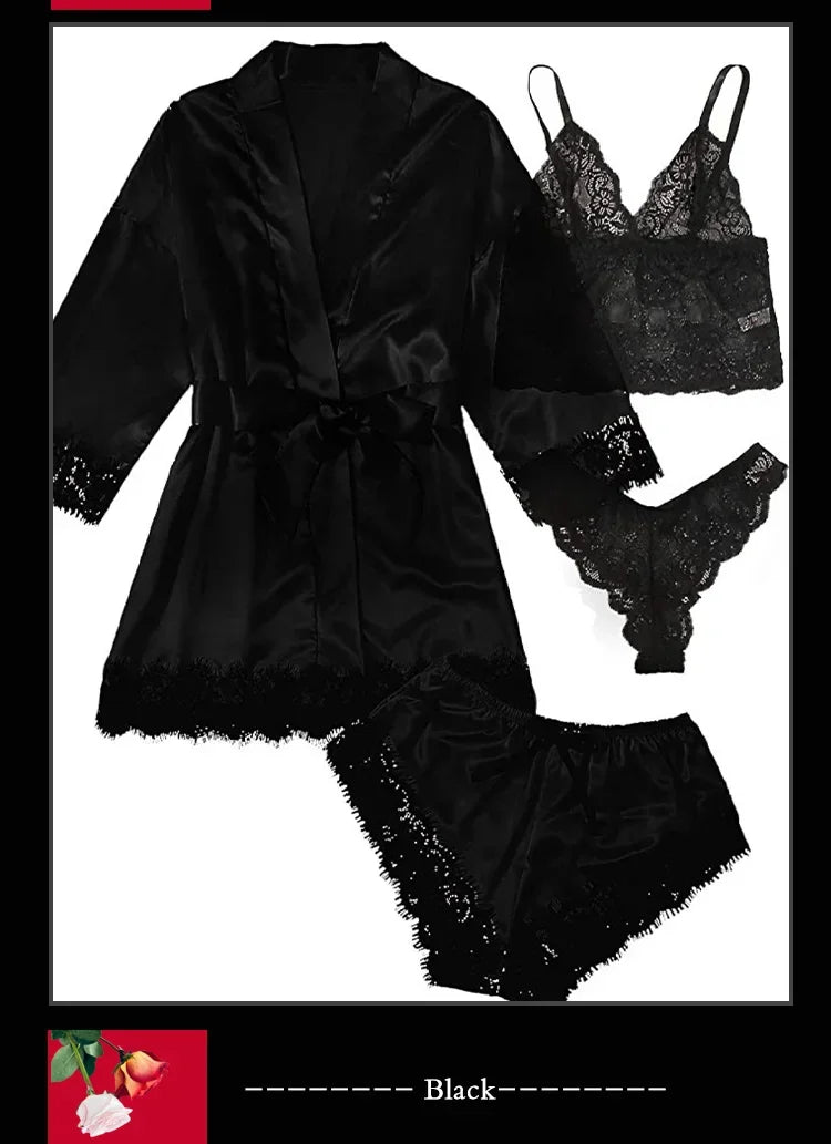4 Pieces Woman Sleepwear Pajamas Ser With Robe Sexy Lace Lingerie Bathrobe Silk Satin Home Clothed Nightwear Robe