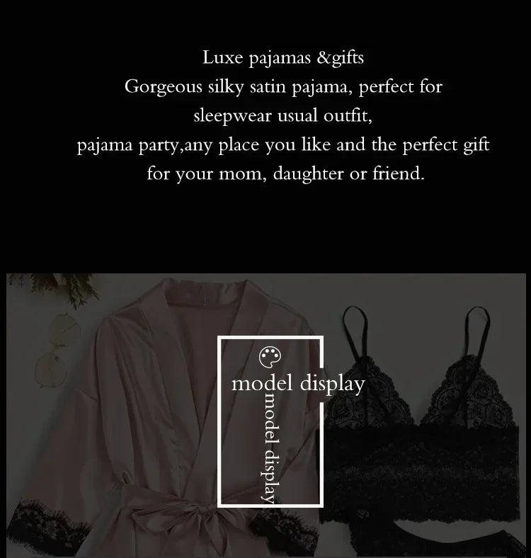 4 Pieces Woman Sleepwear Pajamas Ser With Robe Sexy Lace Lingerie Bathrobe Silk Satin Home Clothed Nightwear Robe