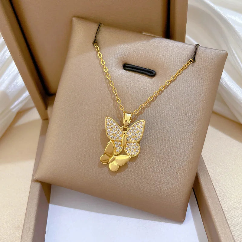 Gold Color Vintage Zircon Butterfly Pendant Necklace for Women Classic Elegant Stainless Steel Chain Jewelry Accessories Gifts