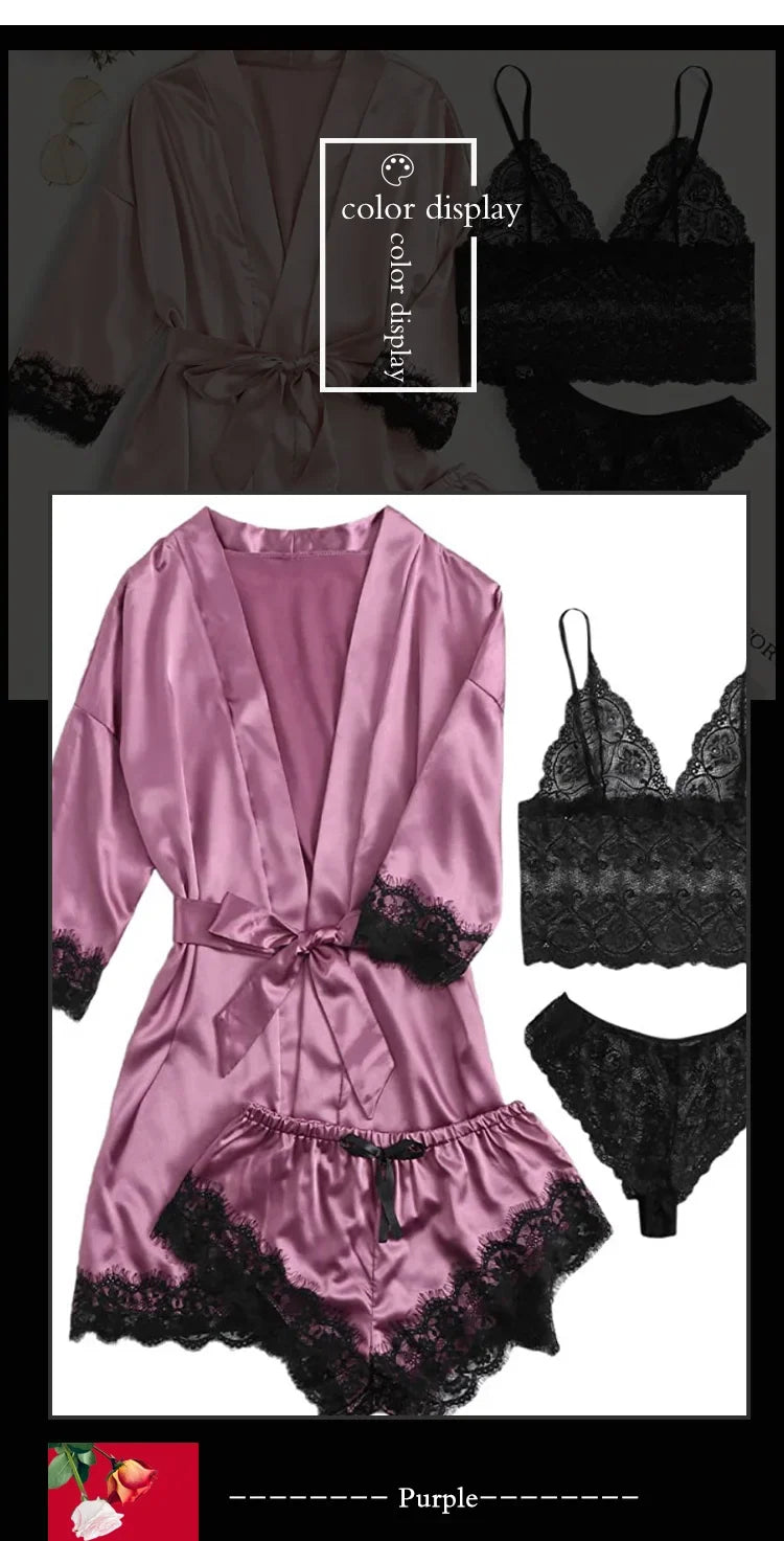 4 Pieces Woman Sleepwear Pajamas Ser With Robe Sexy Lace Lingerie Bathrobe Silk Satin Home Clothed Nightwear Robe