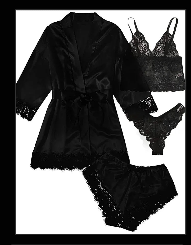 4 Pieces Woman Sleepwear Pajamas Ser With Robe Sexy Lace Lingerie Bathrobe Silk Satin Home Clothed Nightwear Robe