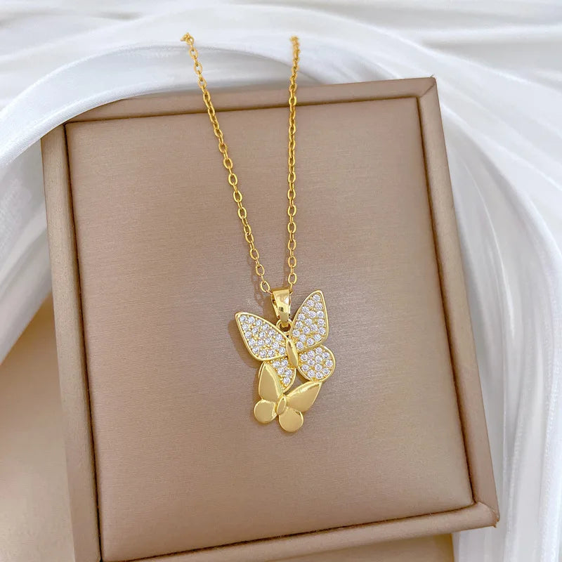 Gold Color Vintage Zircon Butterfly Pendant Necklace for Women Classic Elegant Stainless Steel Chain Jewelry Accessories Gifts