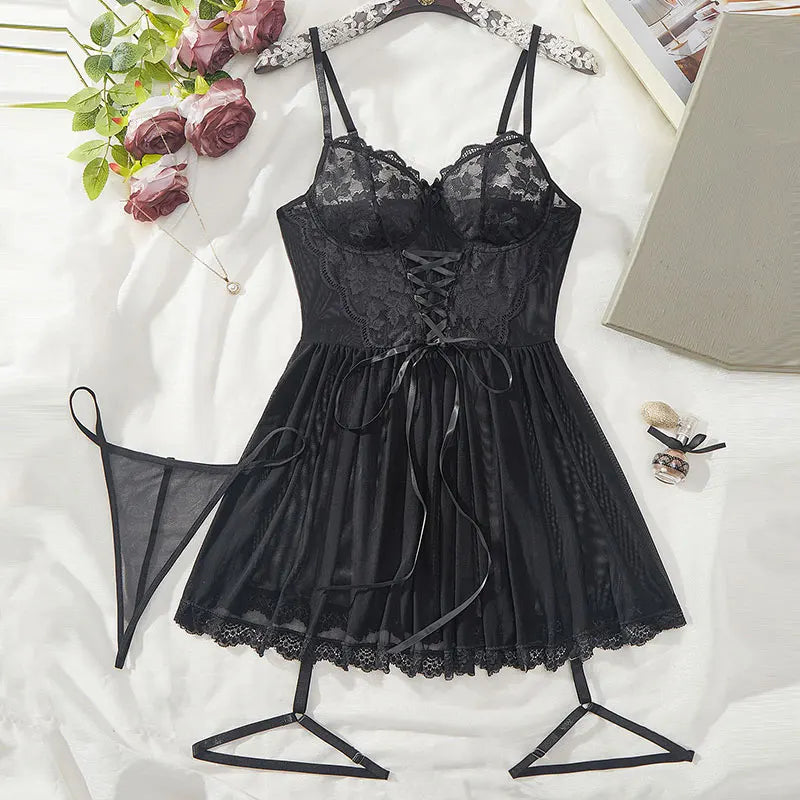 A Full Set Of Blue Plus Size Transparent Lingerie Suits Lace Bra Garter Belt Thong Sets Hot Women's Erotic Underwear Night Dress