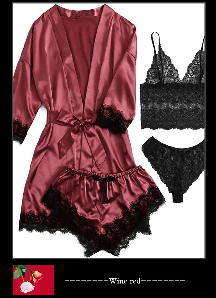 4 Pieces Woman Sleepwear Pajamas Ser With Robe Sexy Lace Lingerie Bathrobe Silk Satin Home Clothed Nightwear Robe